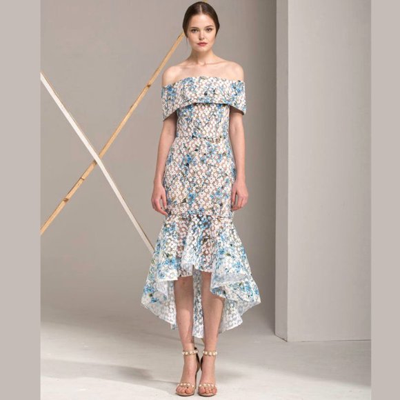 Bronx and Banco Dresses & Skirts - Bronx and Banco Dress Sky Blue White Floral Embroidered Off Shoulder Hi Low Hem